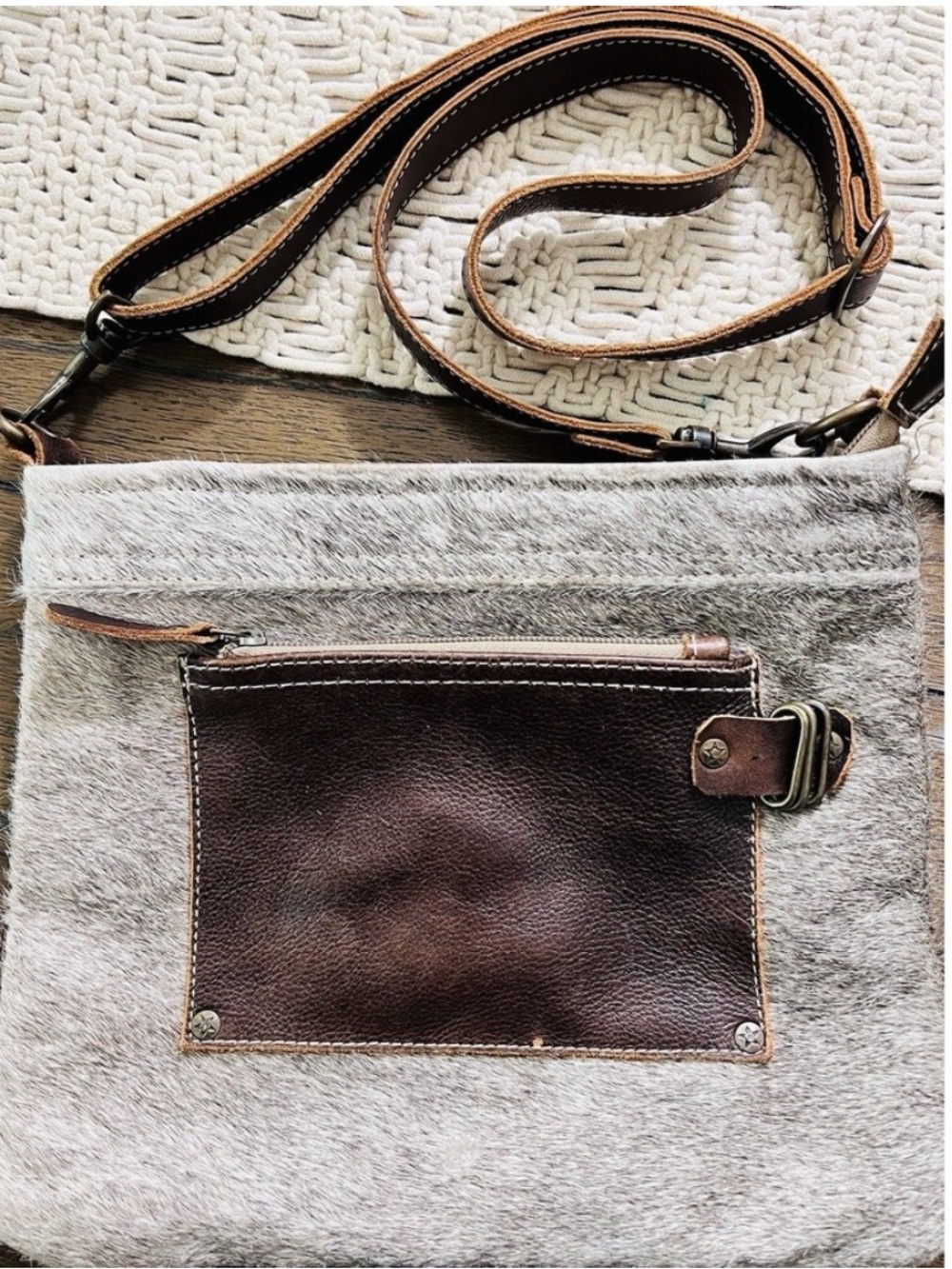 Myra cowhide Crossbody Bag with Brown Leather Pocket